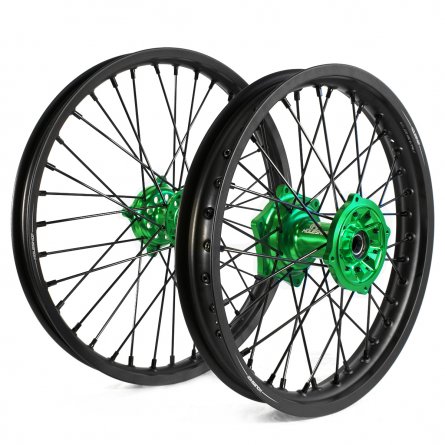 Holeshot, Komplett Hjulset, 2,15/1,60, 19/21", BAK FRAM, MATT SVART GRÖN, Kawasaki 19-26 KX450, 24-26 KX450X, 21-26 KX250, 24-26